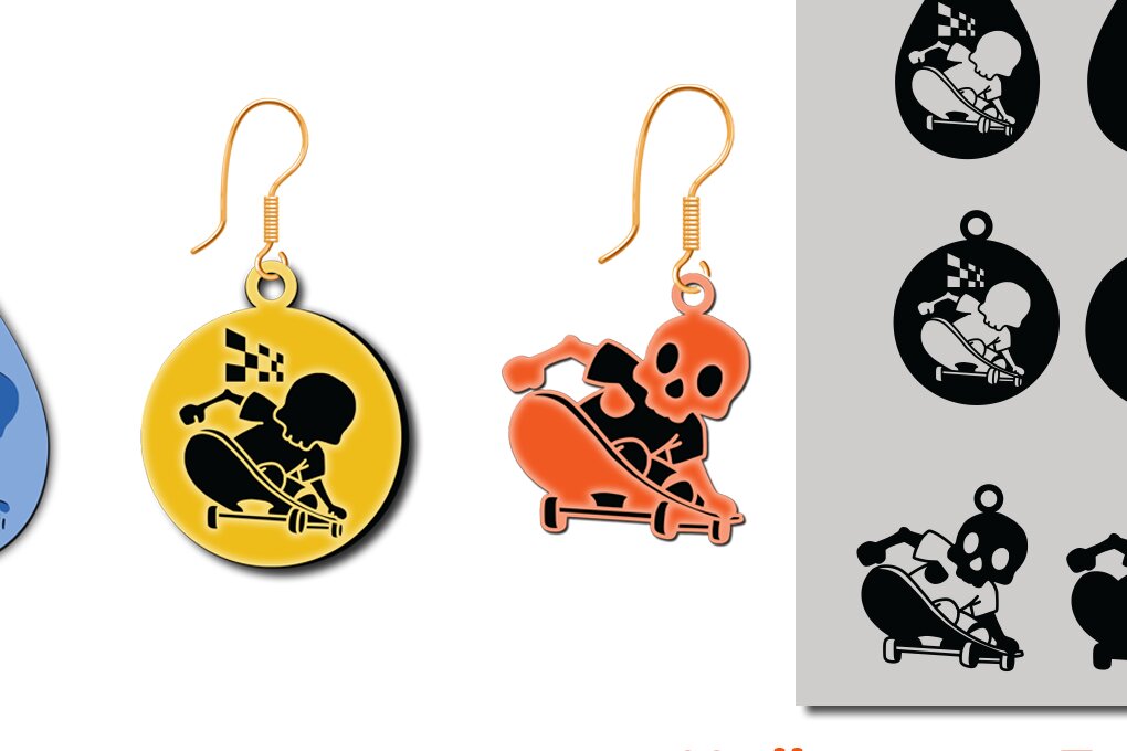 Intra απο ξύλο plywood 3mm-4mm πάχος – Skeletons Skateboard Earring Δίασταση  5x5 cm INTRAFABR-80136346