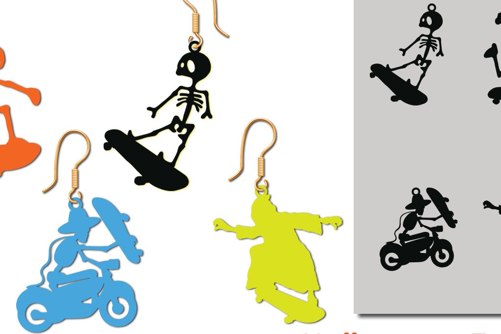 Intra απο ξύλο plywood 3mm-4mm πάχος – Skeletons Skateboard Earring Δίασταση  5x5 cm INTRAFABR-80045725
