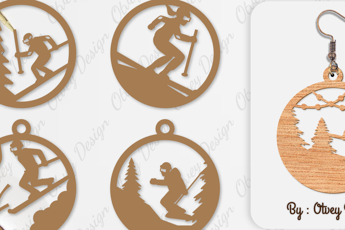 Intra απο ξύλο plywood 3mm-4mm πάχος – Σκουλαρίκια Ski Scene Lasercut Δίασταση  5x5 cm INTRAFABR-112077562