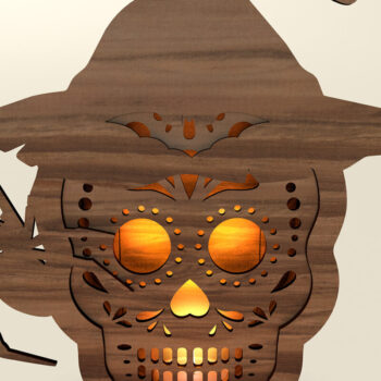 Intra απο ξύλο plywood 3mm-4mm πάχος – Φανάρι αποκριών κρανίου με καπέλο μάγισσας Δίασταση 20x20 cm INTRAFABR-107922371 - Image 2