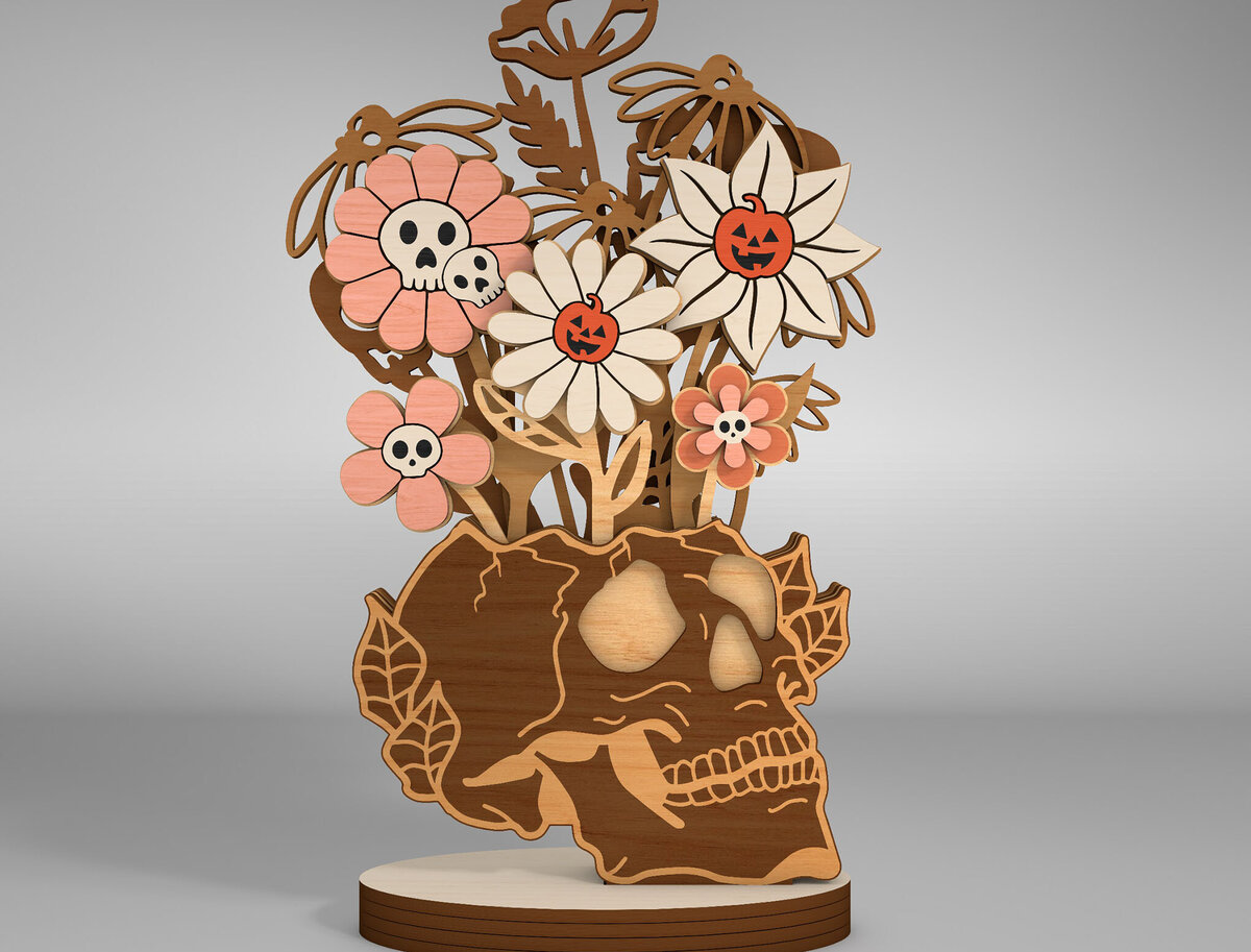 Intra απο ξύλο plywood 3mm-4mm πάχος – Skull Vase Flowers Table Δίασταση  20x20 cm INTRAFABR-110253337