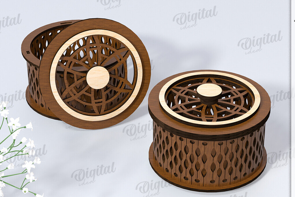 Intra απο ξύλο plywood 3mm-4mm πάχος – Μικρό στρογγυλό κουτί μπιχλιμπιδιού Κοπή λέιζερ Δίασταση  20x20 cm INTRAFABR-119076115