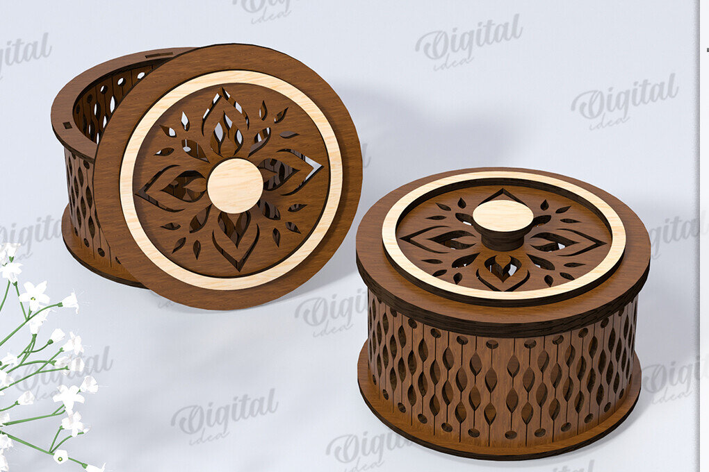 Intra απο ξύλο plywood 3mm-4mm πάχος – Μικρό στρογγυλό κουτί μπιχλιμπιδιού Κοπή λέιζερ Δίασταση  20x20 cm INTRAFABR-119075892