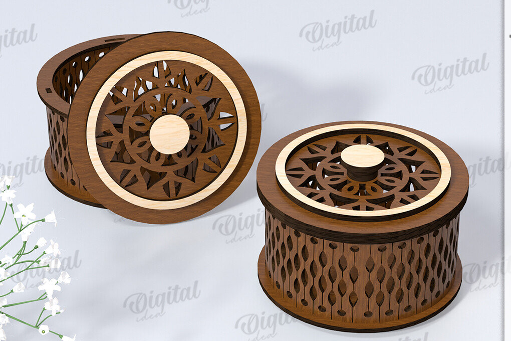 Intra απο ξύλο plywood 3mm-4mm πάχος – Μικρό στρογγυλό κουτί μπιχλιμπιδιού Κοπή λέιζερ Δίασταση  20x20 cm INTRAFABR-119076058