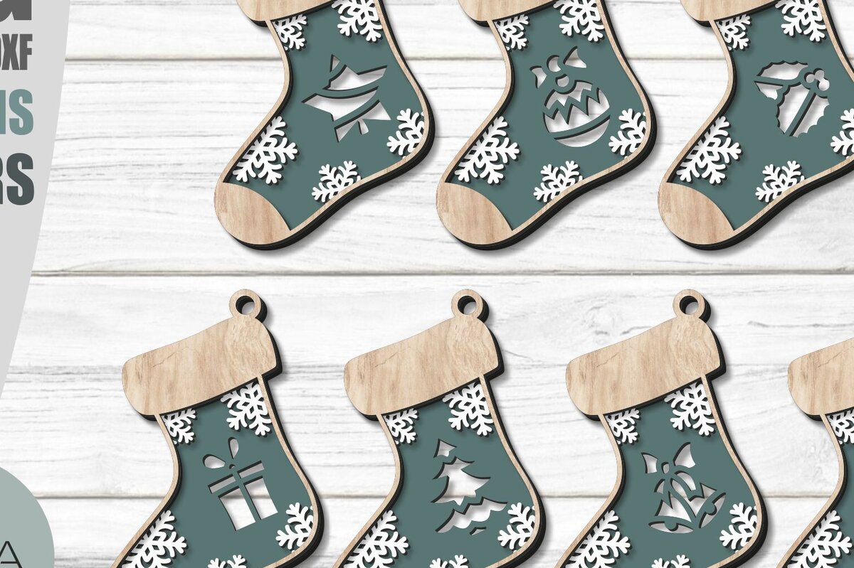 Intra απο ξύλο plywood 3mm-4mm πάχος – Στολίδια με κάλτσες με νιφάδα χιονιού Laser Δίασταση  20x20 cm INTRAFABR-78001777