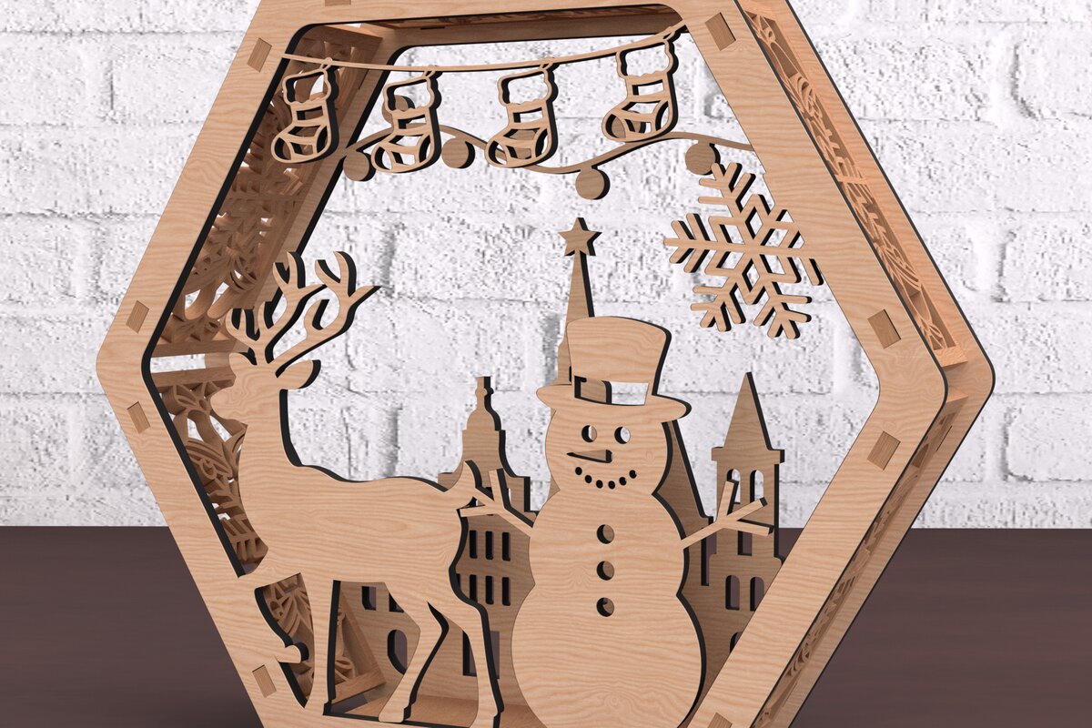 Intra απο ξύλο plywood 3mm-4mm πάχος – Εξαγωνική λάμπα χιονάνθρωπος και τάρανδος Δίασταση  20x20 cm INTRAFABR-108492593