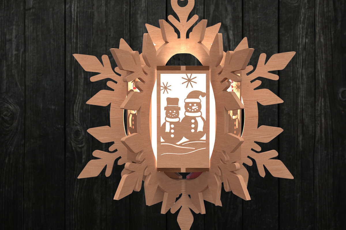 Intra απο ξύλο plywood 3mm-4mm πάχος – Στολίδι με φανάρι χιονάνθρωπος Δίασταση  20x20 cm INTRAFABR-111000807
