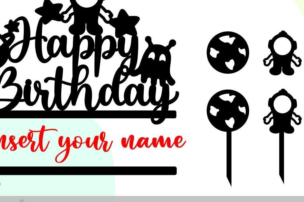 Intra απο ξύλο plywood 3mm-4mm πάχος – Space Happy Birthday Cake Topper Δίασταση  20x20 cm INTRAFABR-32503822