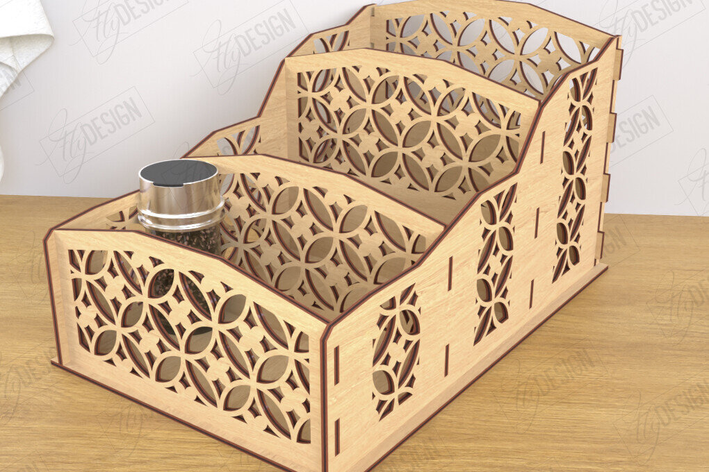 Intra απο ξύλο plywood 3mm-4mm πάχος – Κοπή λέιζερ με ράφι μπαχαρικών | Desktop Organizer Δίασταση  20x20 cm INTRAFABR-120023685