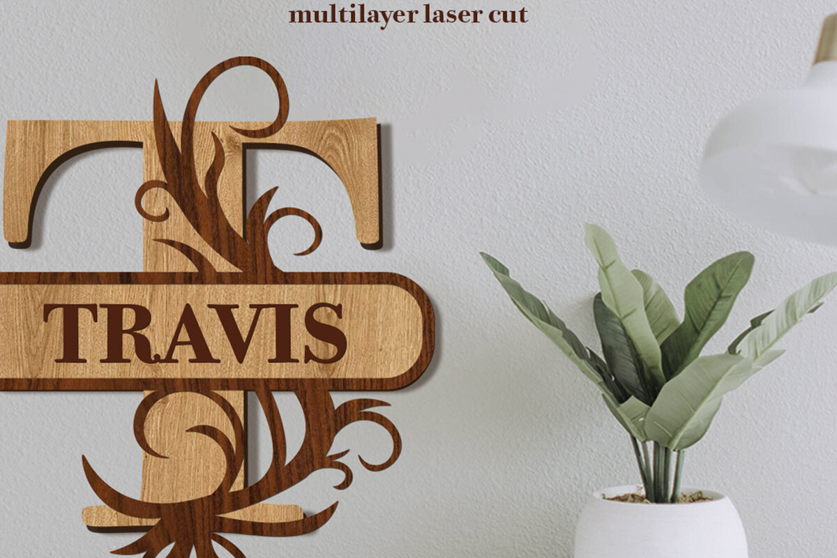 Intra απο ξύλο plywood 3mm-4mm πάχος – Split Name T Monogram Δίασταση  20x20 cm INTRAFABR-80063567