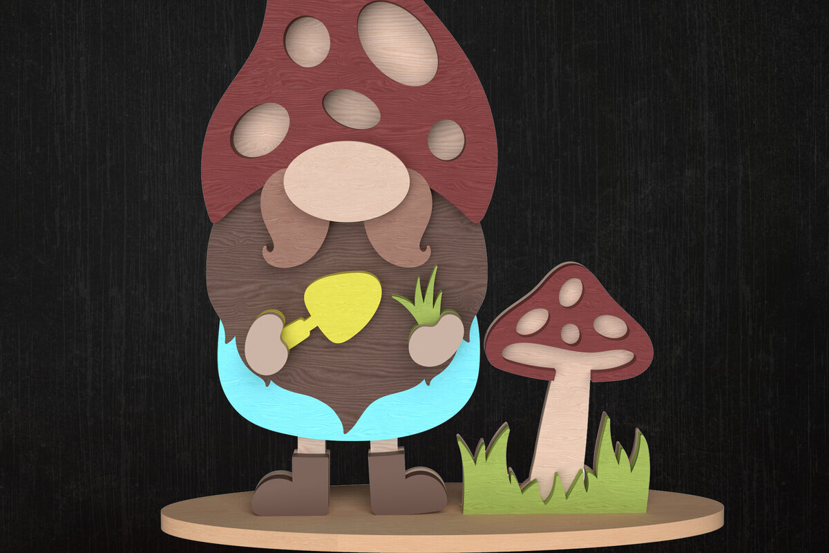 Intra απο ξύλο plywood 3mm-4mm πάχος – Άνοιξη Gnome με ντεκόρ μανιταριών Δίασταση  20x20 cm INTRAFABR-113514020