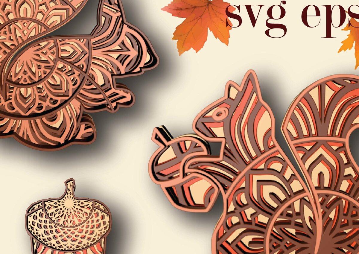 Intra απο ξύλο plywood 3mm-4mm πάχος – Σκίουροι και βελανίδι, 4 στρώσεις, 3 σχέδια Δίασταση  20x20 cm INTRAFABR-30049396