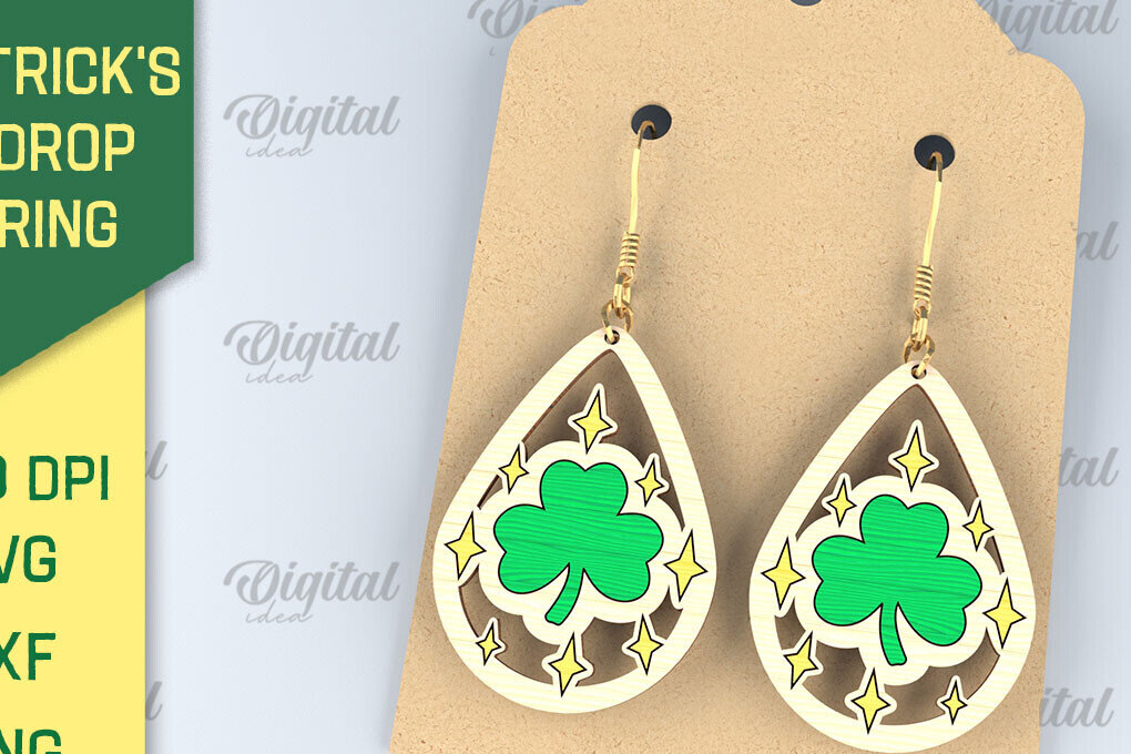 Intra απο ξύλο plywood 3mm-4mm πάχος – Σκουλαρίκια St. Patrick's Day Drop Lasercut Δίασταση  5x5 cm INTRAFABR-87838414