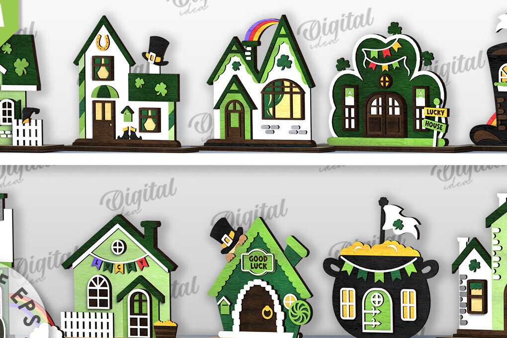 Intra απο ξύλο plywood 3mm-4mm πάχος – Πακέτο LaserCut Houses St. Patrick's Day Δίασταση  20x20 cm INTRAFABR-116360490
