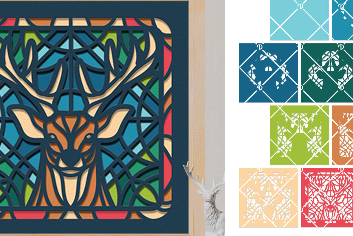 Intra απο ξύλο plywood 3mm-4mm πάχος – Χριστουγεννιάτικο κουτί σκιών ελαφιού βιτρό Δίασταση  20x20 cm INTRAFABR-76491778