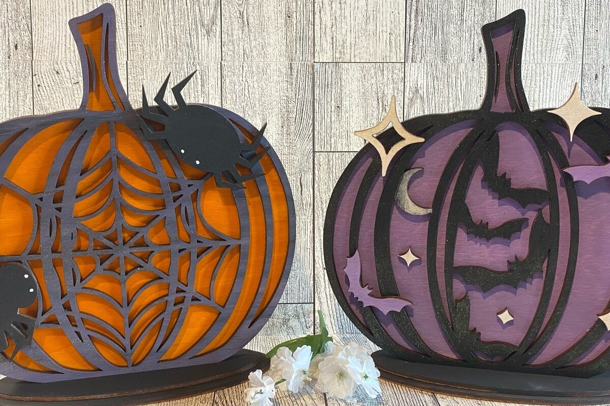 Intra απο ξύλο plywood 3mm-4mm πάχος – Standing Spooky Pumpkin Duo Laser Δίασταση  20x20 cm INTRAFABR-35110400
