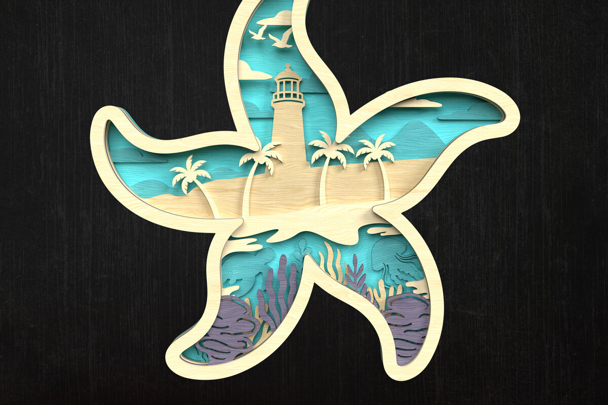 Intra απο ξύλο plywood 3mm-4mm πάχος – Starfish Beach Scene Layered Δίασταση  20x20 cm INTRAFABR-120349673