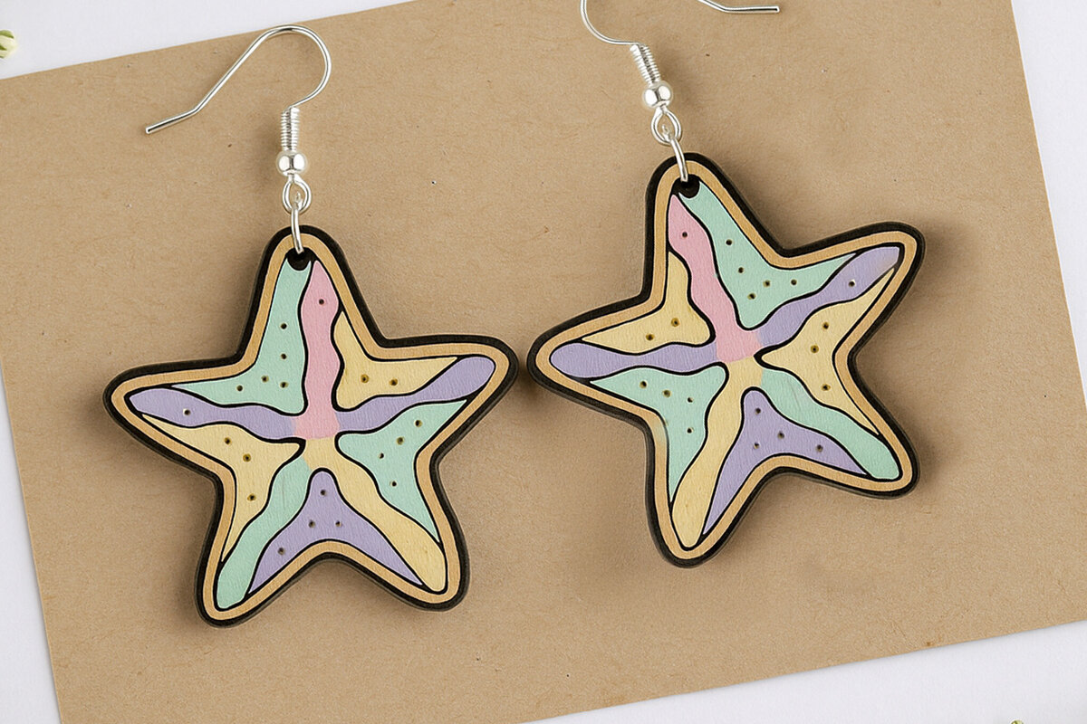 Intra απο ξύλο plywood 3mm-4mm πάχος – Σκουλαρίκια αστερίας Δίασταση  5x5 cm INTRAFABR-123818158