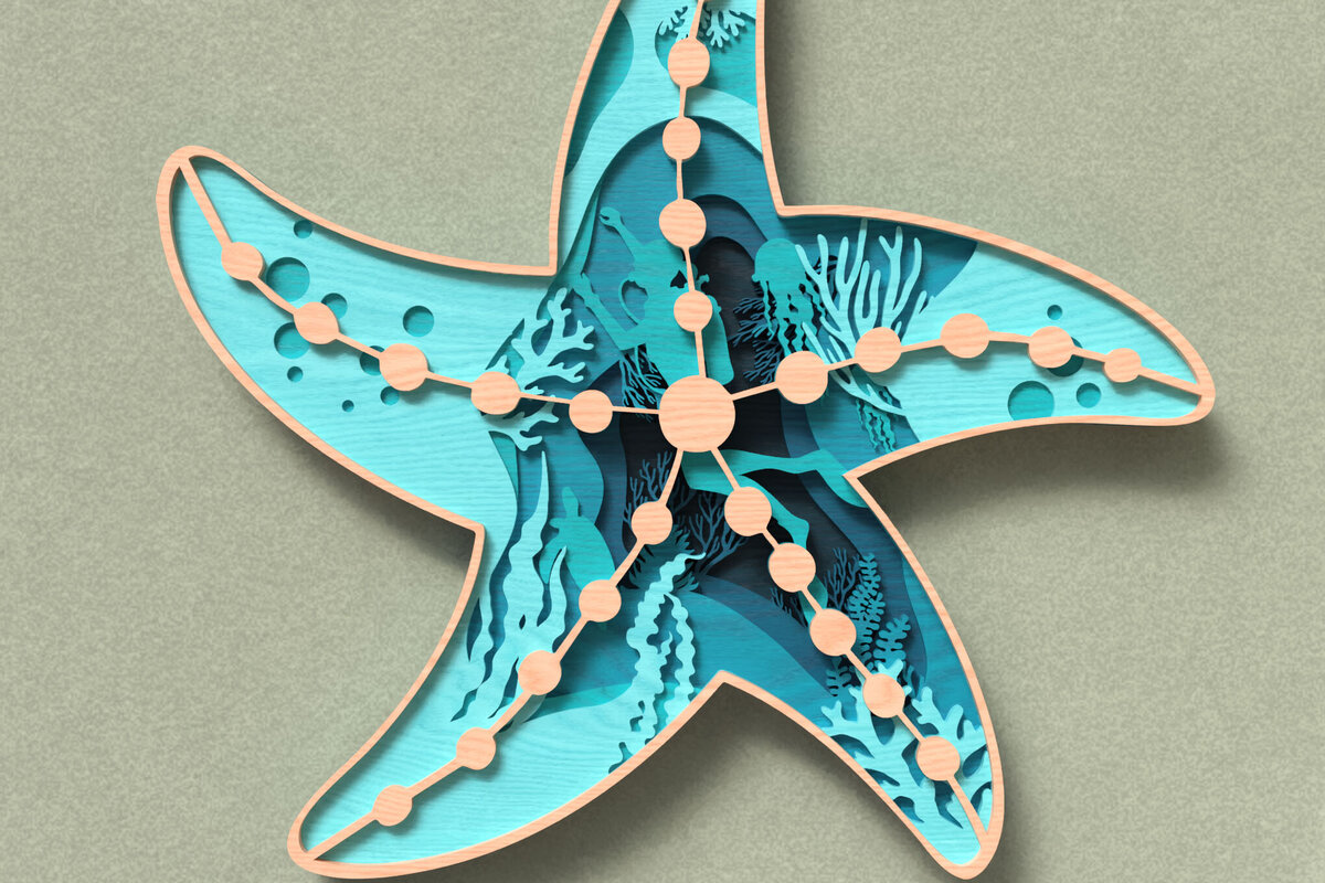 Intra απο ξύλο plywood 3mm-4mm πάχος – Σκηνή ωκεανού αστερίας - τρισδιάστατη Δίασταση  20x20 cm INTRAFABR-119652173