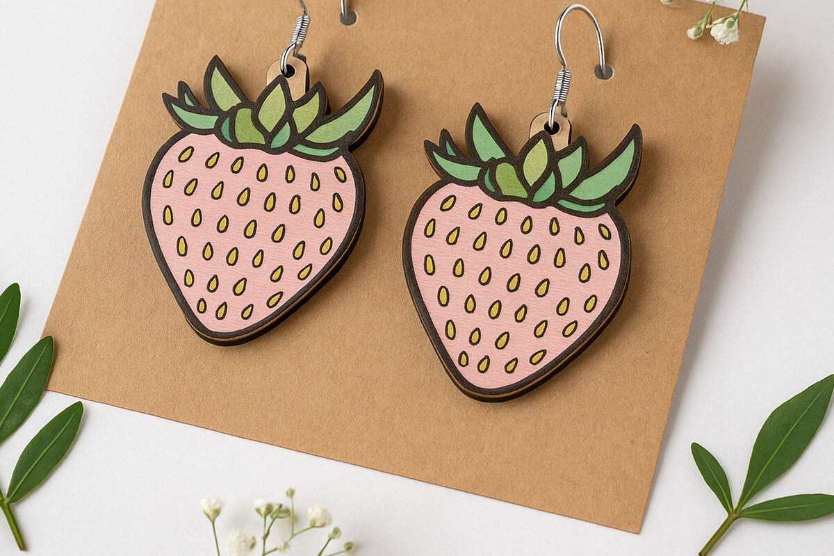 Intra απο ξύλο plywood 3mm-4mm πάχος – Σκουλαρίκια φράουλα Δίασταση  5x5 cm INTRAFABR-123818192