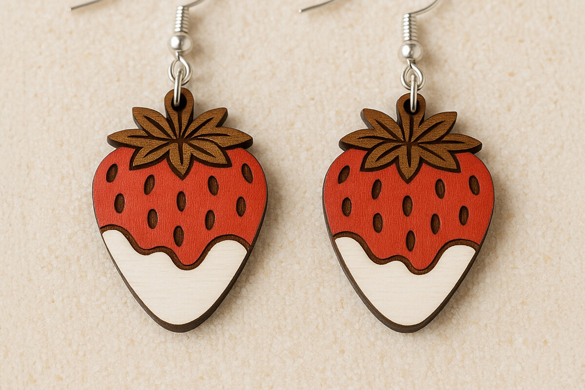 Intra απο ξύλο plywood 3mm-4mm πάχος – Σκουλαρίκια φράουλα Cut Laser Δίασταση  5x5 cm INTRAFABR-120914682