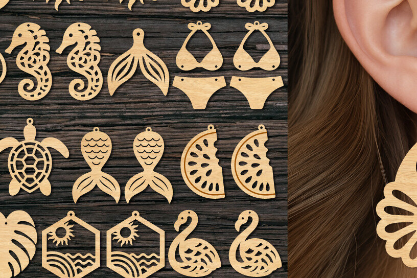 Intra απο ξύλο plywood 3mm-4mm πάχος – Πακέτο κοπής με λέιζερ καλοκαιρινά σκουλαρίκια Δίασταση  5x5 cm INTRAFABR-122210884