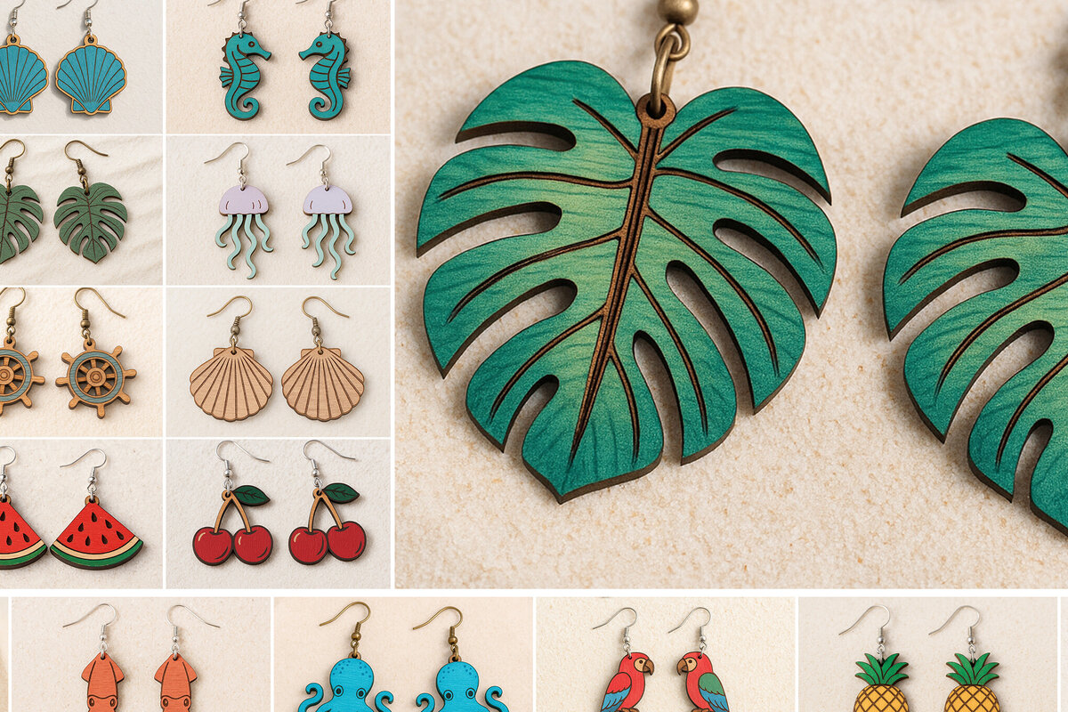 Intra απο ξύλο plywood 3mm-4mm πάχος – Καλοκαιρινά σκουλαρίκια Bundle Cut Laser Δίασταση  5x5 cm INTRAFABR-120915412