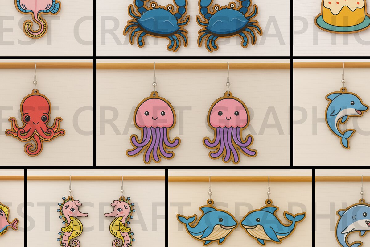 Intra απο ξύλο plywood 3mm-4mm πάχος – Καλοκαιρινά σκουλαρίκια Cute Ocean Bundle Δίασταση  5x5 cm INTRAFABR-123128061