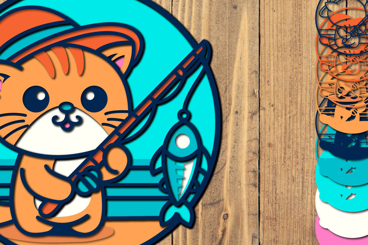 Intra απο ξύλο plywood 3mm-4mm πάχος – Summer Fishing Cat – 3D Layered Pape Δίασταση  20x20 cm INTRAFABR-123562544