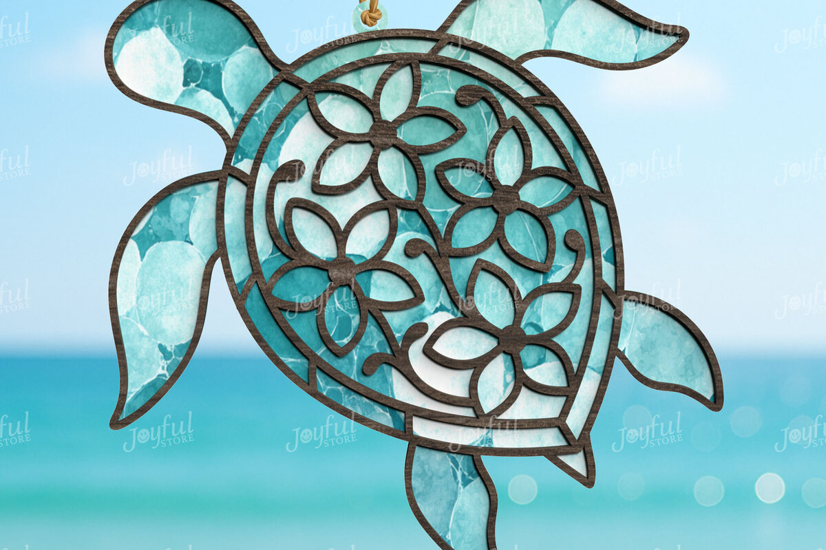 Intra απο ξύλο plywood 3mm-4mm πάχος – Summer Floral Turtle Suncatcher Δίασταση  20x20 cm INTRAFABR-123025323
