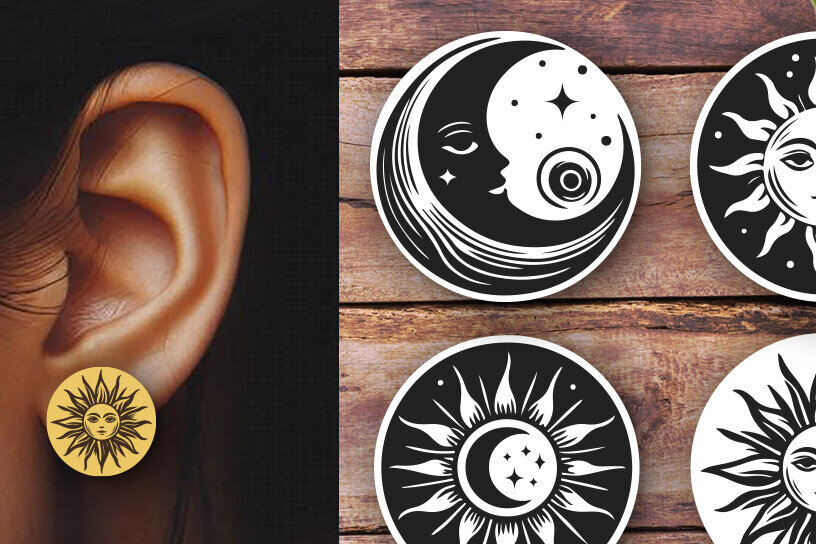 Intra απο ξύλο plywood 3mm-4mm πάχος – Σκουλαρίκια Sun and Moon Δίασταση  5x5 cm INTRAFABR-120362344