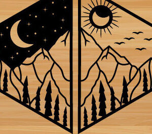 Intra απο ξύλο plywood 3mm-4mm πάχος – Τέχνη τοίχου με λέιζερ Sun and Moon Mountains Δίασταση  40x30 cm INTRAFABR-68575964