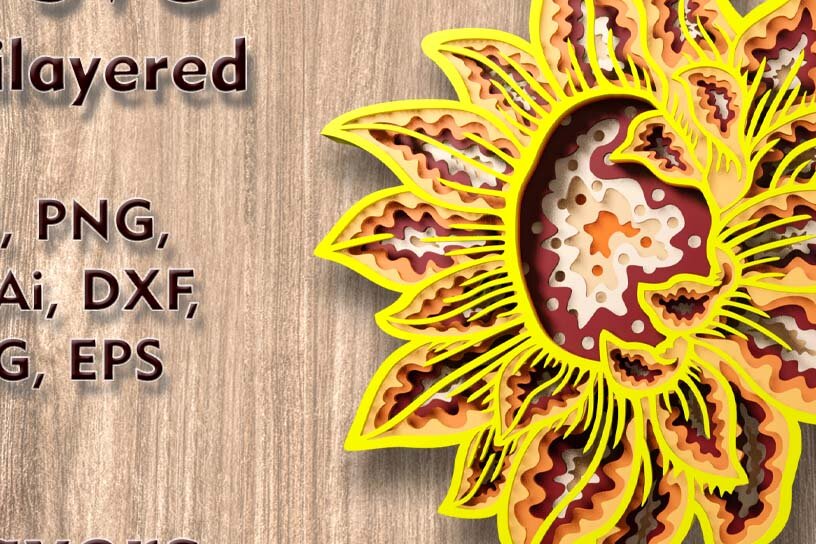 Intra απο ξύλο plywood 3mm-4mm πάχος – Αρχεία κομμένων πολλαπλών επιπέδων Sunflower 3D Δίασταση  20x20 cm INTRAFABR-109001509