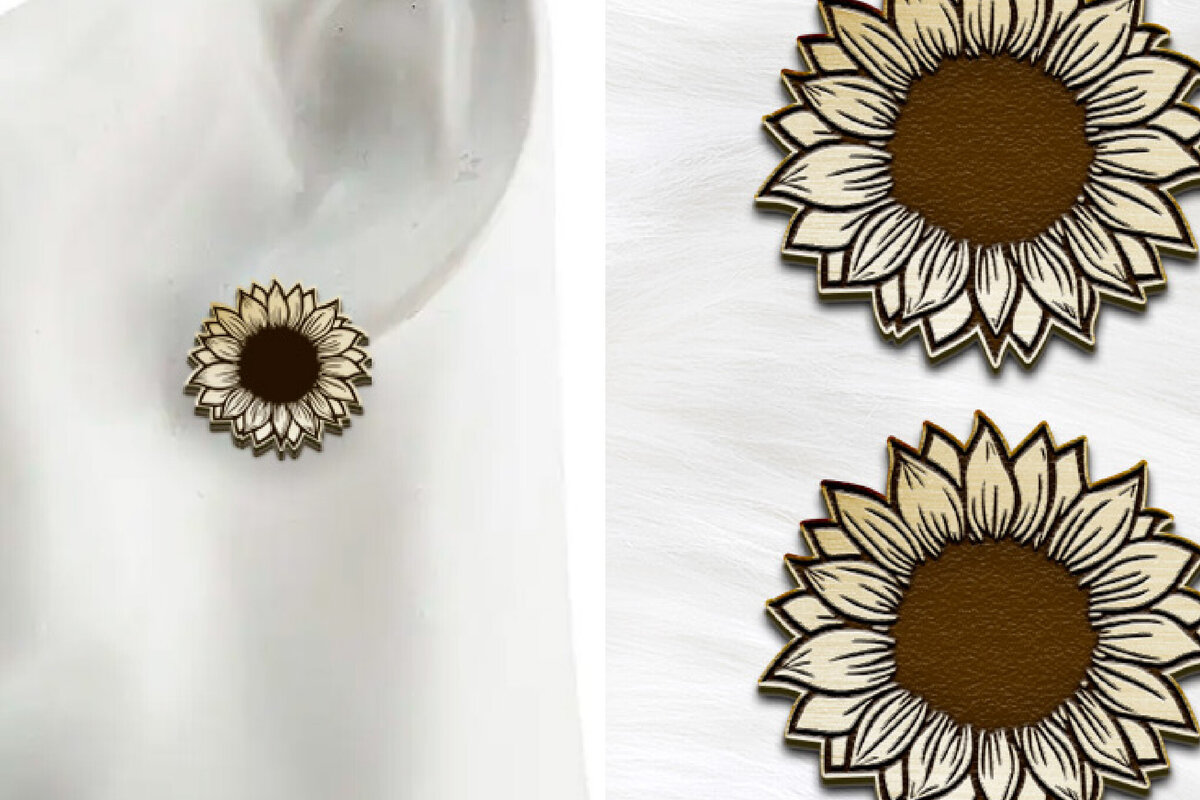 Intra απο ξύλο plywood 3mm-4mm πάχος – Σκουλαρίκια ηλίανθου Boho με λέιζερ. Δίασταση  5x5 cm INTRAFABR-123387940
