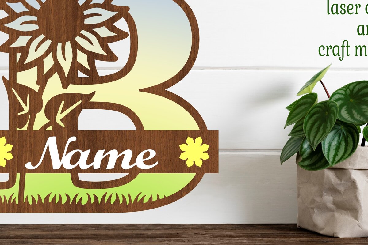 Intra απο ξύλο plywood 3mm-4mm πάχος – Μονόγραμμα ηλίανθου κεφαλαίο Γράμμα B Δίασταση  20x20 cm INTRAFABR-75965020