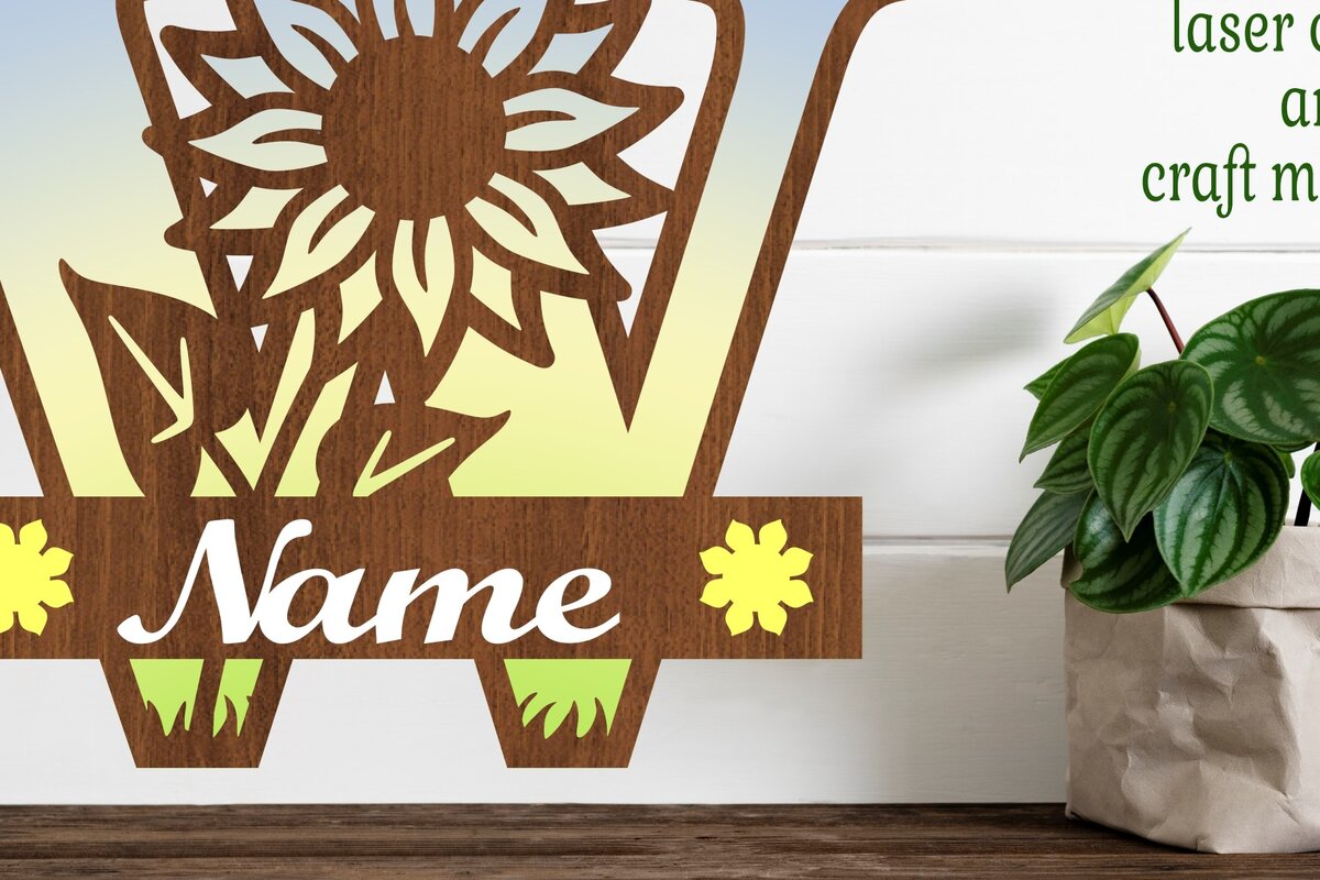 Intra απο ξύλο plywood 3mm-4mm πάχος – Μονόγραμμα Ηλίανθου κεφαλαίο Γράμμα W Δίασταση  20x20 cm INTRAFABR-75965585