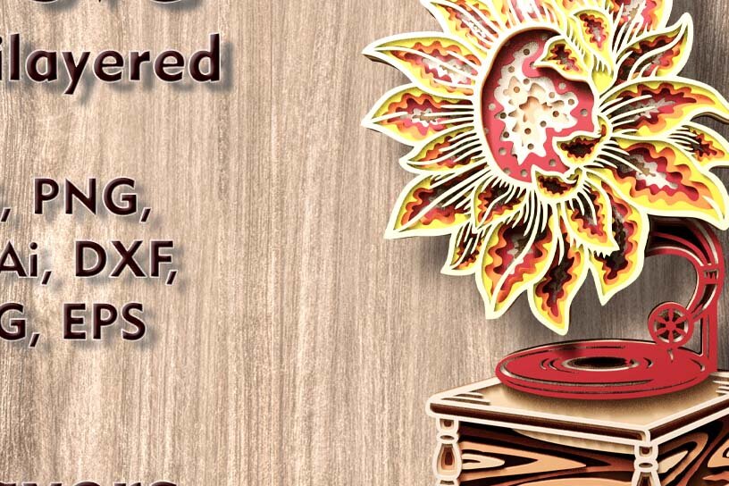 Intra απο ξύλο plywood 3mm-4mm πάχος – Ηλίανθος γραμμόφωνο 3D Πολυστρωματικό Δίασταση  20x20 cm INTRAFABR-109489506