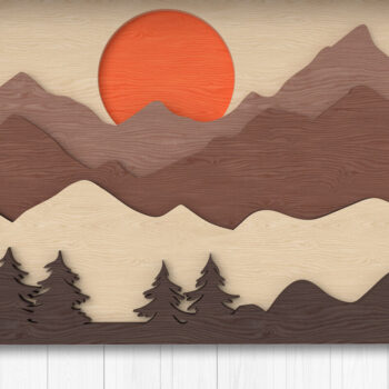 Intra απο ξύλο plywood 3mm-4mm πάχος – Ηλιοβασίλεμα με πολυεπίπεδη σκηνή στο βουνό Δίασταση  20x20 cm INTRAFABR-112568196 - Image 1