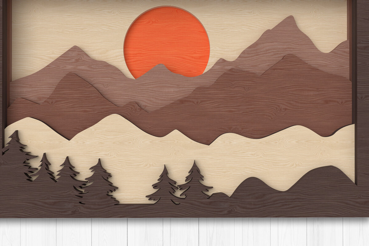 Intra απο ξύλο plywood 3mm-4mm πάχος – Ηλιοβασίλεμα με πολυεπίπεδη σκηνή στο βουνό Δίασταση  20x20 cm INTRAFABR-112568196