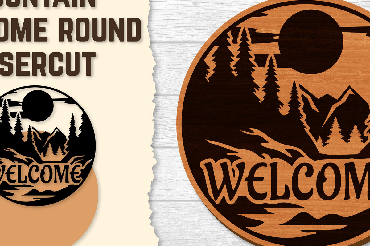 Intra απο ξύλο plywood 3mm-4mm πάχος – Sunset Mountain Welcome Sign Round Laser Δίασταση  40x30 cm INTRAFABR-118569023