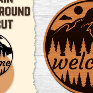 Intra απο ξύλο plywood 3mm-4mm πάχος – Sunset Mountain Welcome Sign Round Laser Δίασταση  40x30 cm INTRAFABR-118569021