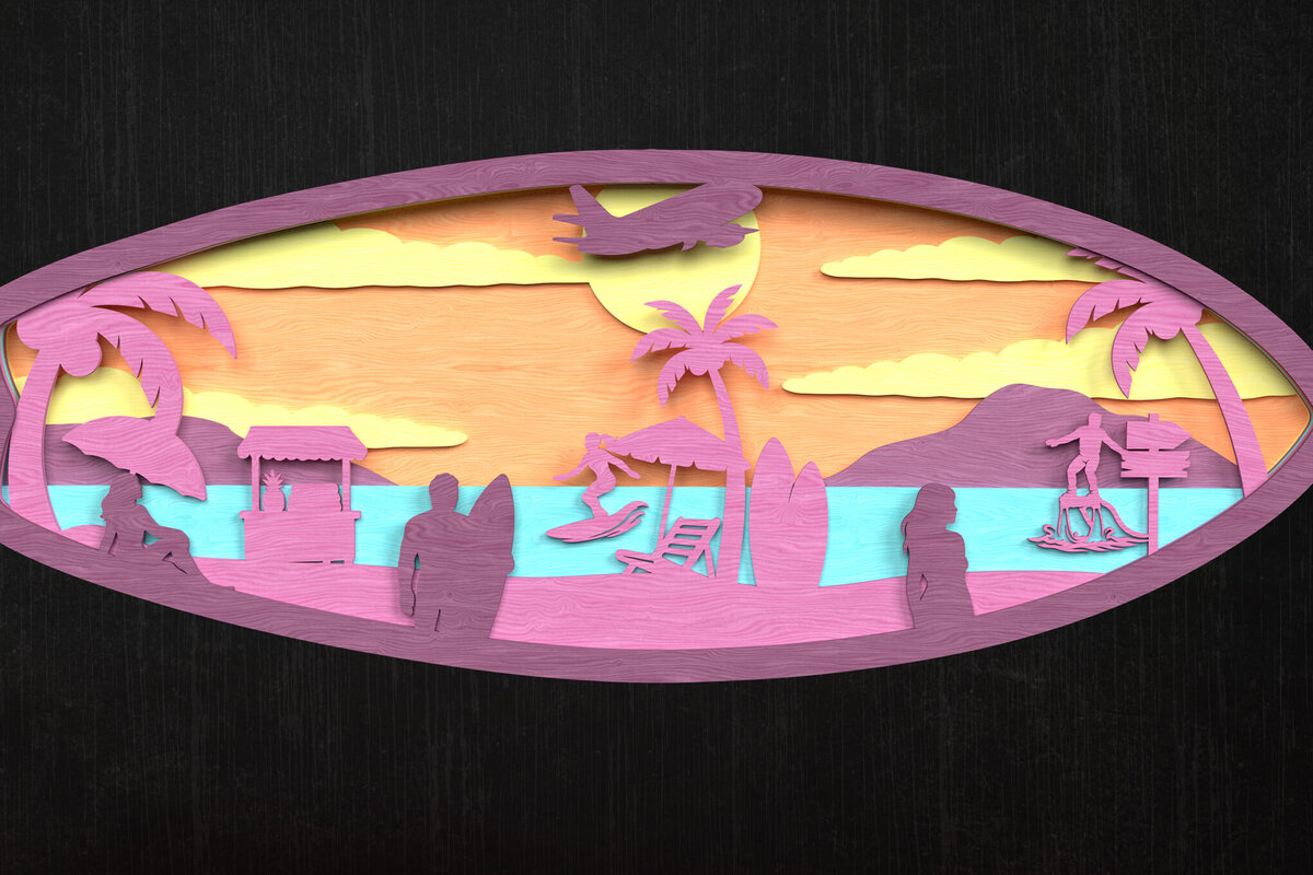 Intra απο ξύλο plywood 3mm-4mm πάχος – Surfboard Beach Scene Layered Δίασταση  20x20 cm INTRAFABR-120349704