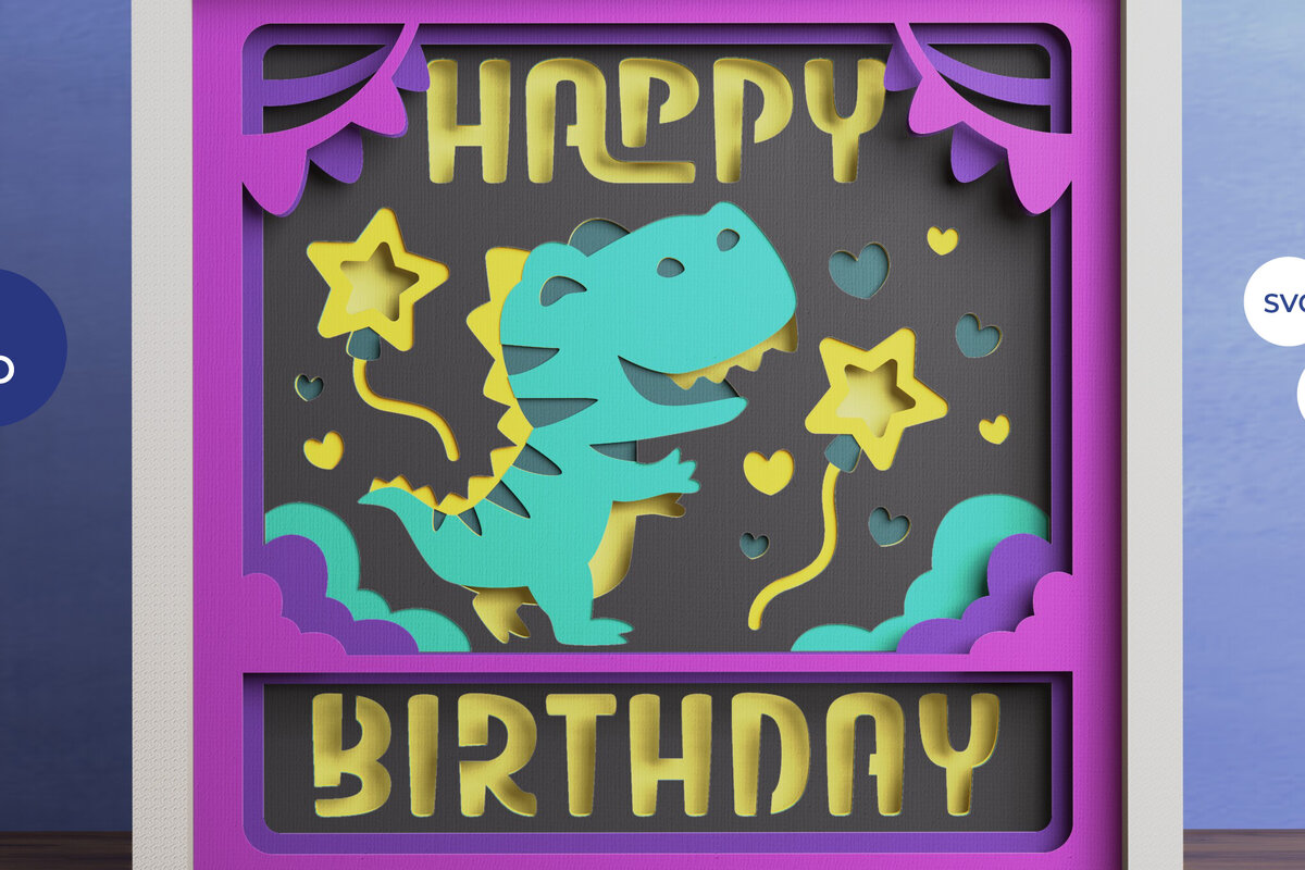 Intra απο ξύλο plywood 3mm-4mm πάχος – T-rex Birthday 3D Shadow Box Paper cut Δίασταση  20x20 cm INTRAFABR-82064329