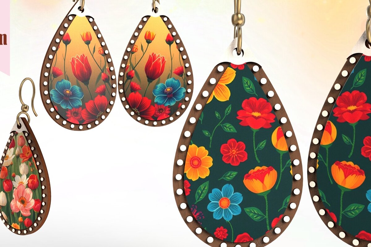 Intra απο ξύλο plywood 3mm-4mm πάχος – Σκουλαρίκια δάκρυ Floral Engravung με λέιζερ Δίασταση  5x5 cm INTRAFABR-123290828