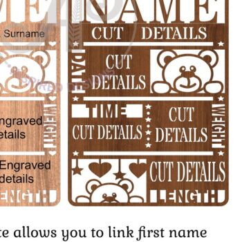 Intra απο ξύλο plywood 3mm-4mm πάχος – Teddy Bear Baby Stats, Πλακέτα γέννησης Δίασταση  20x20 cm INTRAFABR-67520664 - Image 2