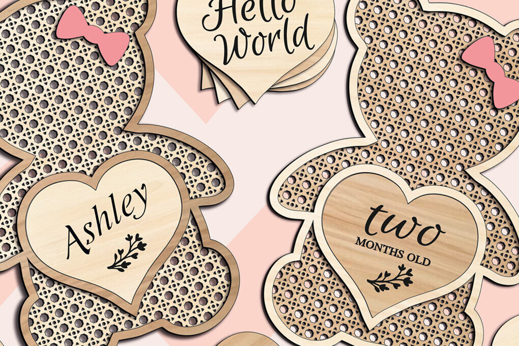 Intra απο ξύλο plywood 3mm-4mm πάχος – Teddy Bear Rattan Baby Milestone Heart Δίασταση  20x20 cm INTRAFABR-103440768