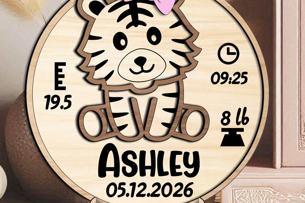 Intra απο ξύλο plywood 3mm-4mm πάχος – Tiger Baby Announcement Round Board Δίασταση  20x20 cm INTRAFABR-117940958