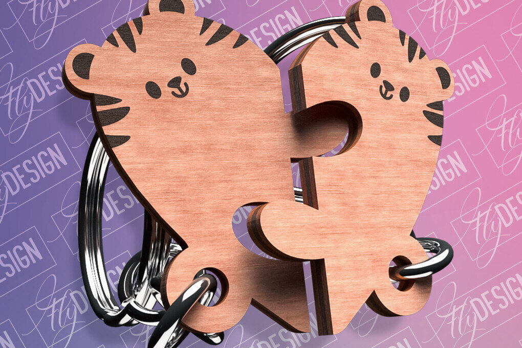 Intra απο ξύλο plywood 3mm-4mm πάχος –  κοπής με λέιζερ μπρελόκ Tiger Couple Δίασταση  5x5 cm INTRAFABR-82392241