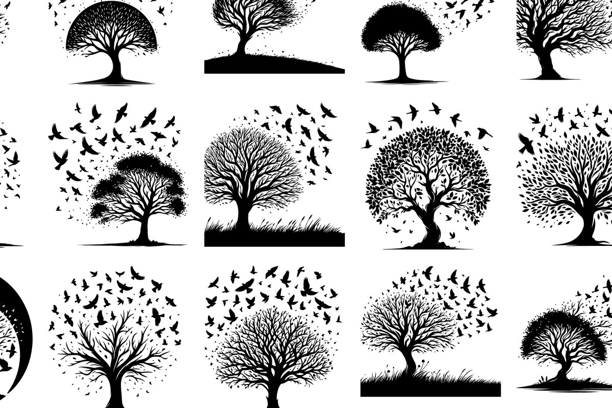 Intra απο ξύλο plywood 3mm-4mm πάχος – Δέντρο και πουλί σιλουέτα διάνυσμα δέσμη Δίασταση  20x20 cm INTRAFABR-118096548