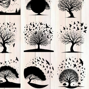 Intra απο ξύλο plywood 3mm-4mm πάχος – Δέντρο και πουλί σιλουέτα διάνυσμα δέσμη Δίασταση  20x20 cm INTRAFABR-118096482 - Image 1